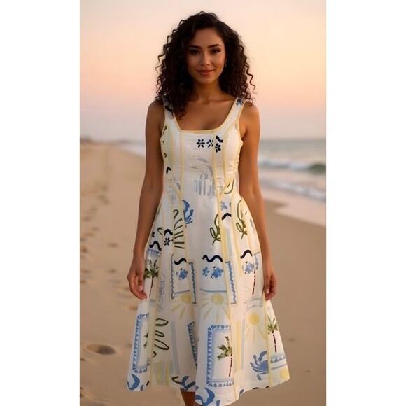 Caroline Constas Palm Tree Print A Line Linen Blend Midi Dress White S Coastal - Picture 1 of 9
